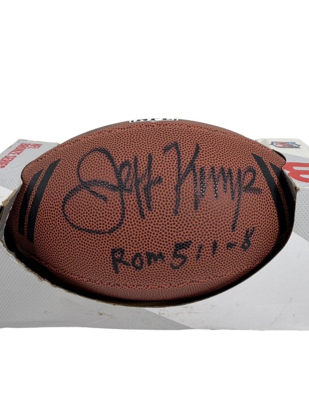 Seattle Seahawks JEFF KEMP Rom 5:1-8 Signed NFL Football + Nelson - BOX FLAWS